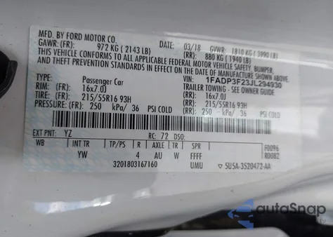 2018 Ford Focus Se z USA, uszkodzony, nr VIN 1FADP3F23JL294930
